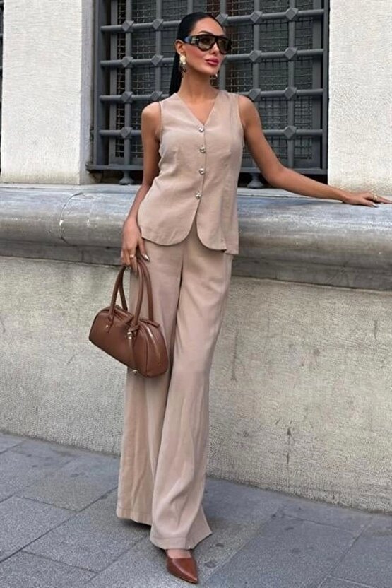 Arkası Bağcıklı Yelek Plazza Pantolon Modal Takım 10202-08 - L - Vizon