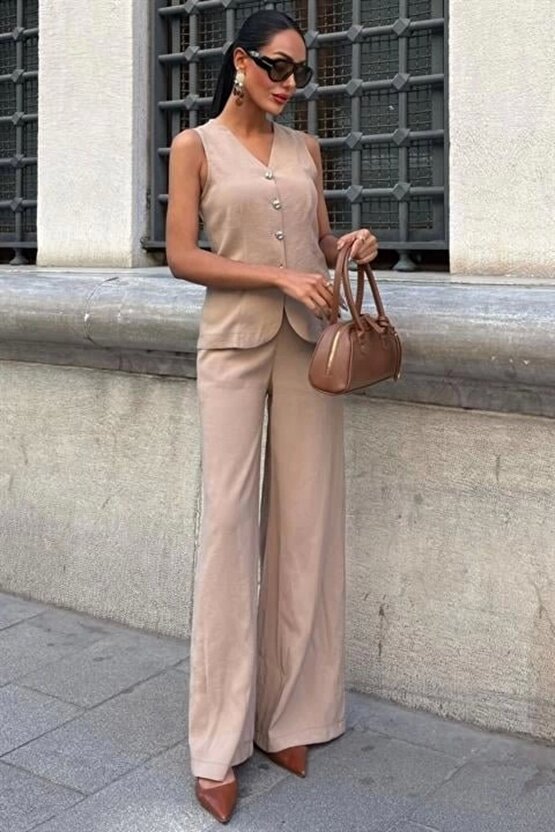 Arkası Bağcıklı Yelek Plazza Pantolon Modal Takım 10202-08 - L - Vizon