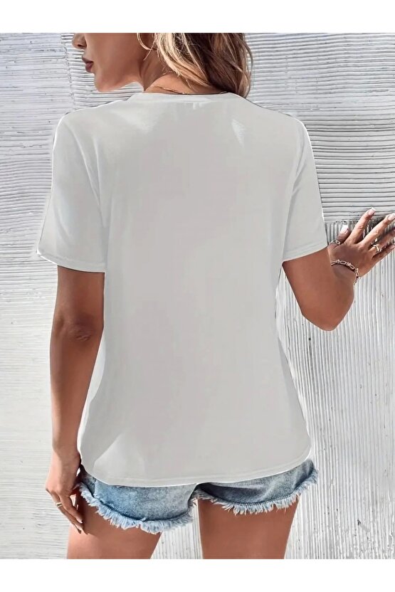 Kadın Kısa Kollu V Yaka şerit Detay Viskon Bluz