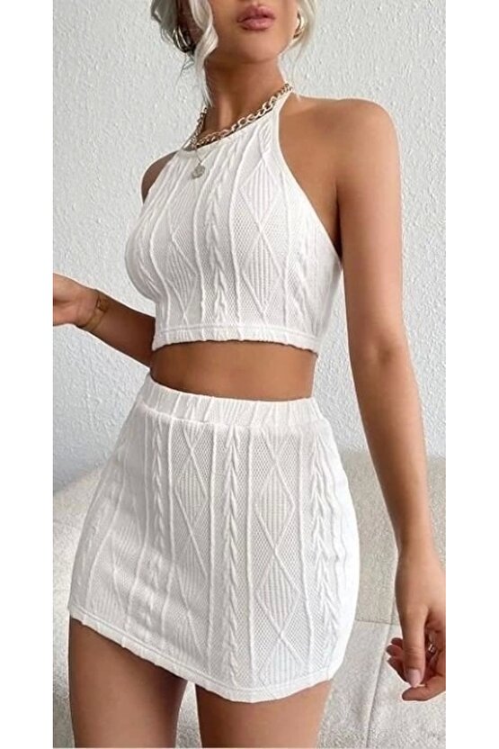 Kadın Sıfır Kol Crop Mini Etek Ikili Triko Takım