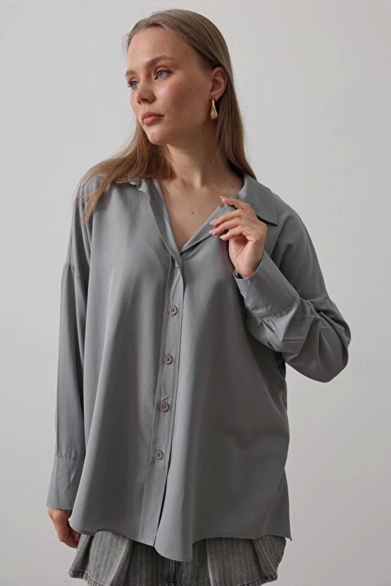 Geniş Manşet Detaylı Gömlek - Gri