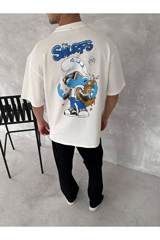 Ön Ve Arka Baskılı Oversize Bisiklet Yaka T-shirt- Beyaz