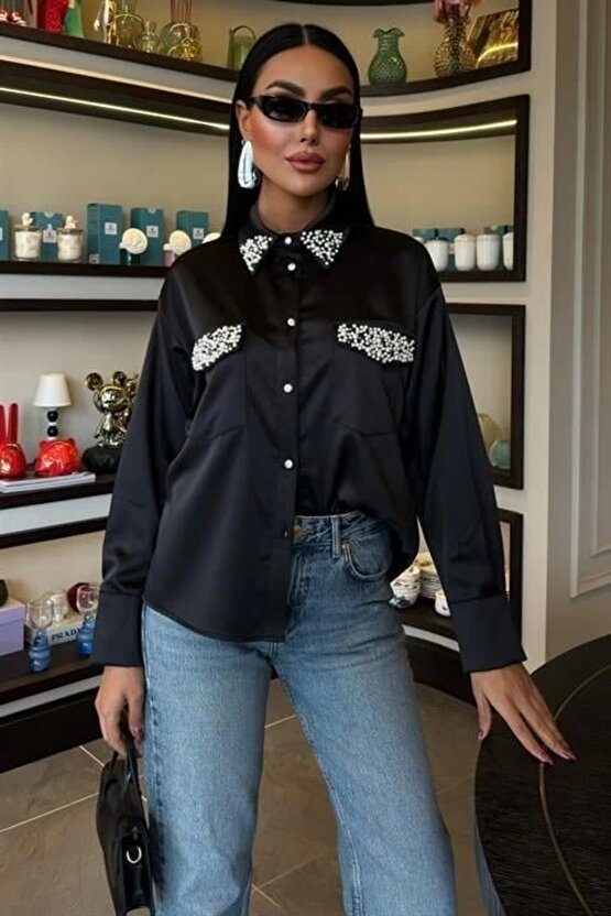 Yaka Ve Cep İnci Taşlı Saten Gömlek 3423