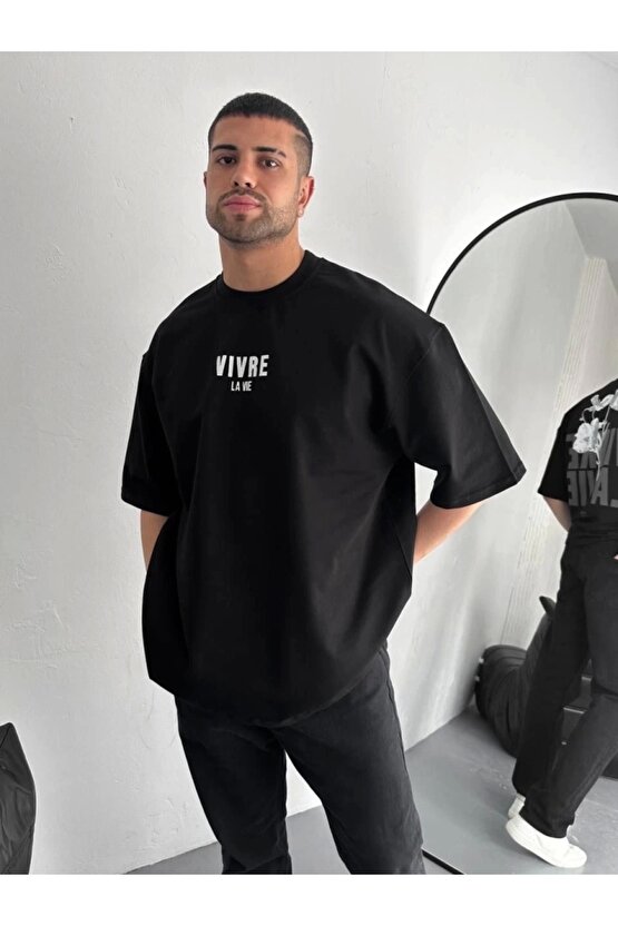 Baskılı Oversize Bisiklet Yaka T-shirt - Siyah