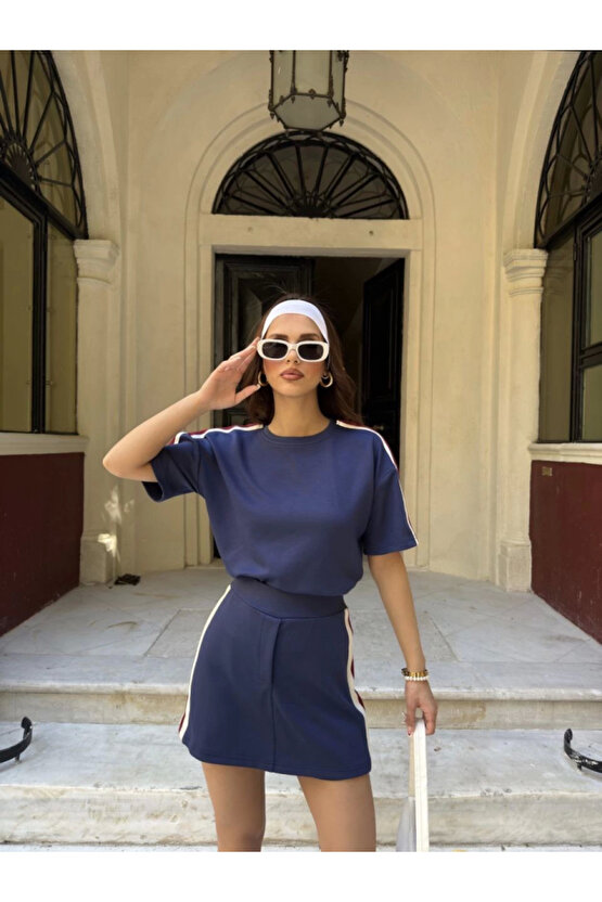 Myterrax Osy Modal Yumuşak Dokulu Kumaş Parçalı Bisiklet Yaka T-shirt Mini Şortlu Etek Ikili Takım -