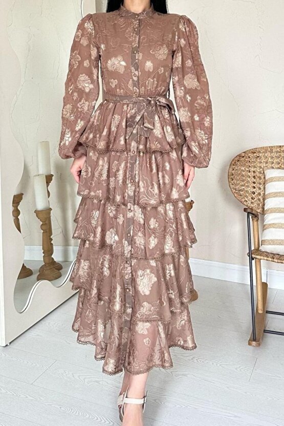 Myterrax Vizon Valonlu Şeritli Kat Kat Elbise