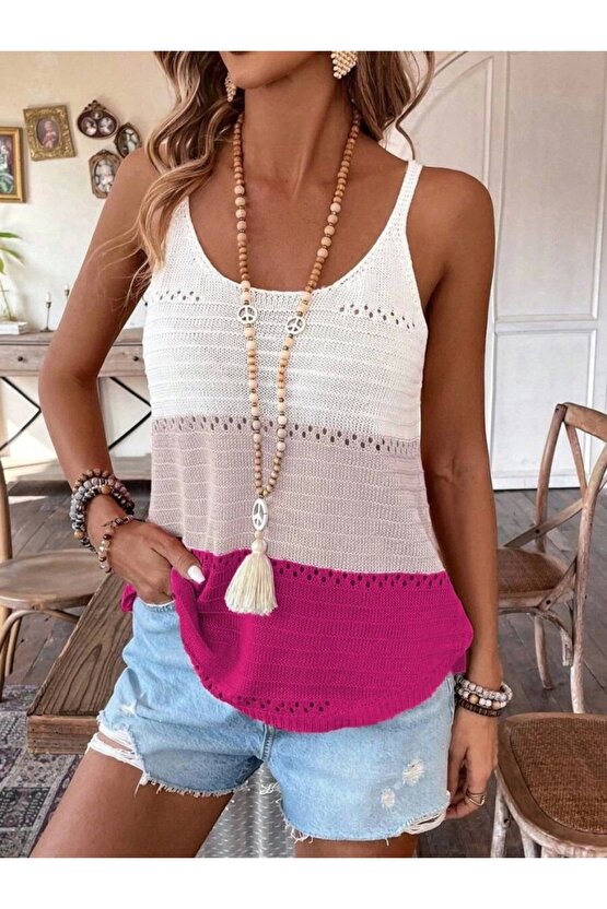 Myterrax Kadın Askılı Yuvarlak Yaka Çift Renkli Triko Bluz