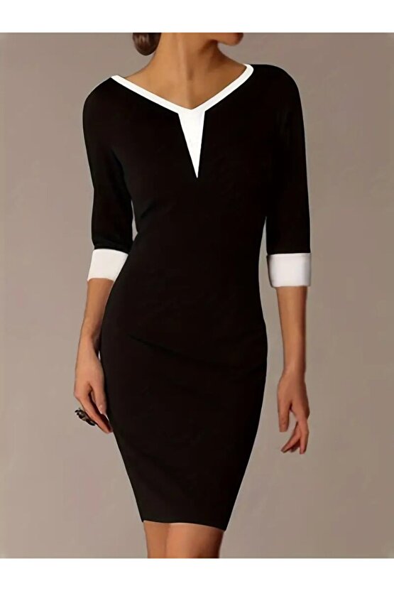 Kadın Fakir Kol V Yakalı Blok Renkli Kısa Janjan Krep Elbise