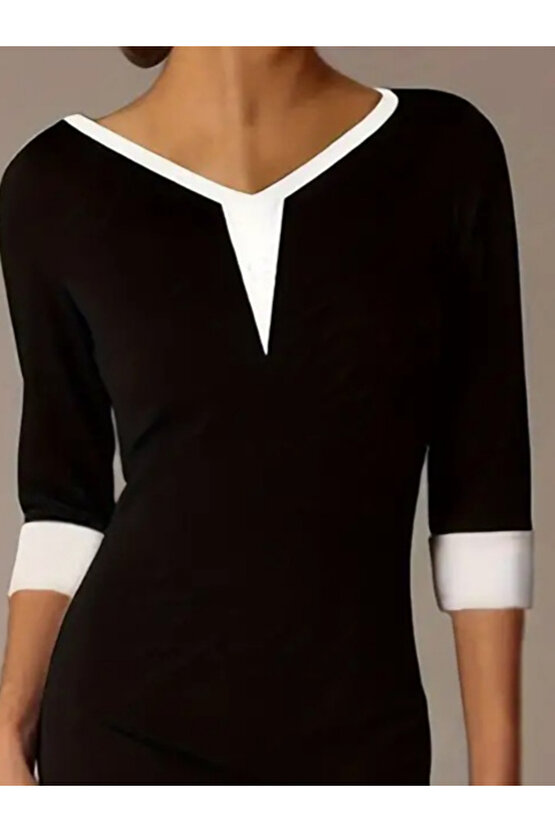 Kadın Fakir Kol V Yakalı Blok Renkli Kısa Janjan Krep Elbise