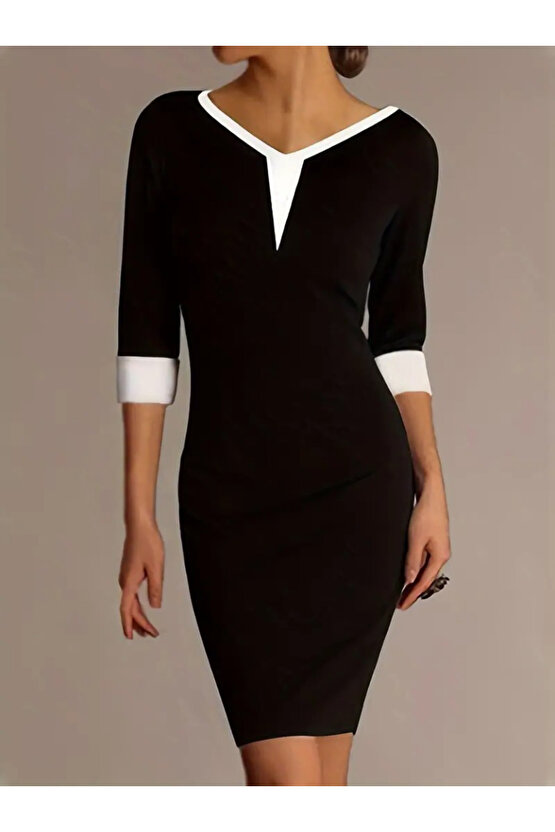 Kadın Fakir Kol V Yakalı Blok Renkli Kısa Janjan Krep Elbise