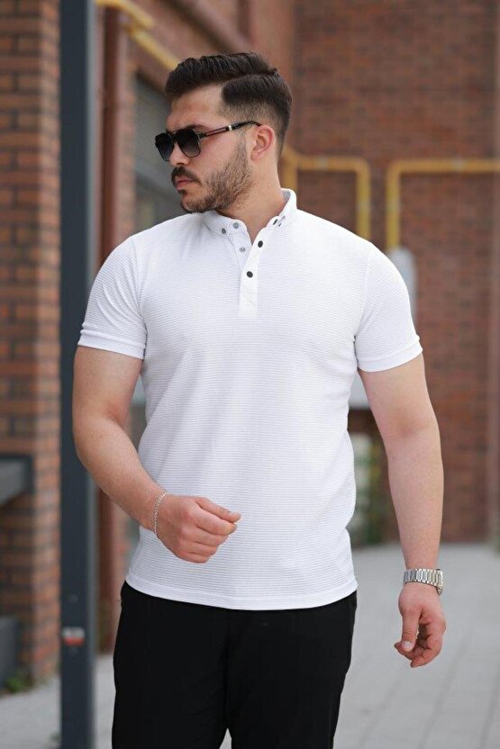 eyesof Erkek çizgi Dokulu çıtçıt Yakalı Kısa Kollu T-shirt