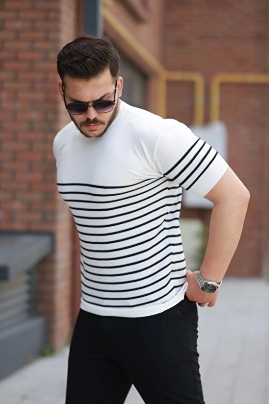 Erkek Çizgi Desenli Bisiklet Yaka Kısa Kollu T-sihrt