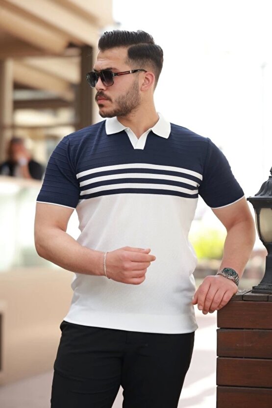 Erkek Çizgi Desenli Yakalı Kısa Kollu T-shirt