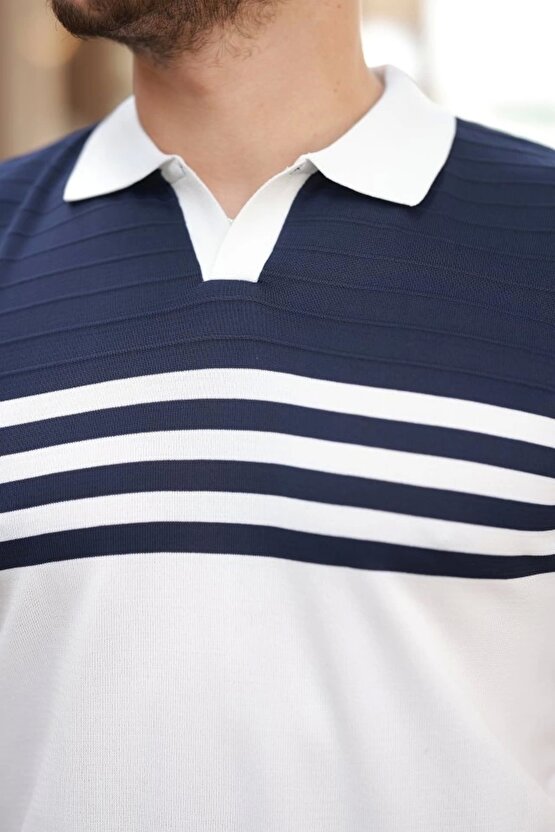 Erkek Çizgi Desenli Yakalı Kısa Kollu T-shirt