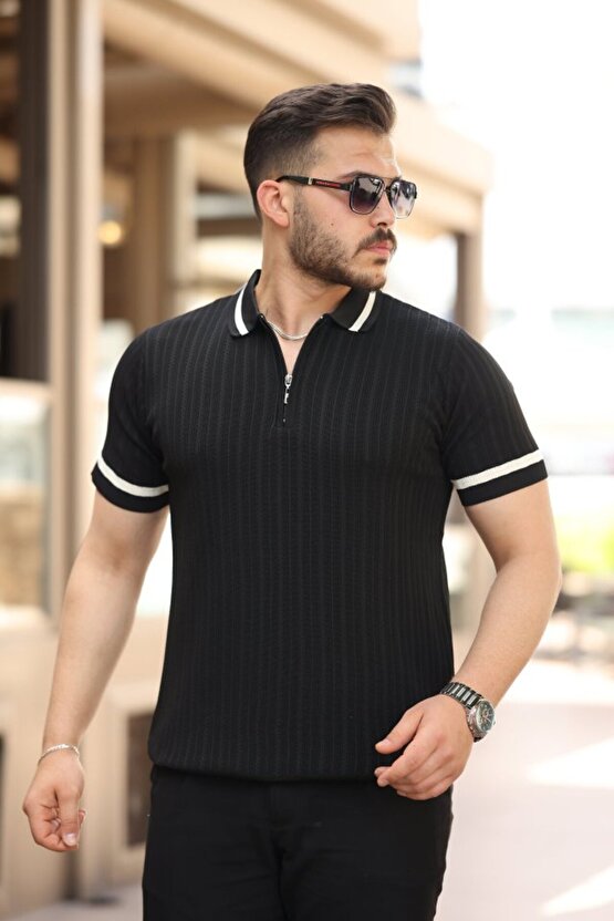 Erkek Yaka Ve Kolları Çizgi Detaylı Fermuarlı Kısa Kollu T-shirt