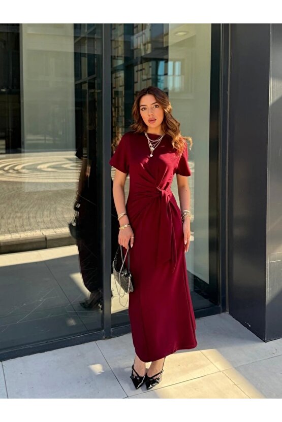 Kadın Kısa Kollu Bisiklet Yaka Yandan Bağlamalı Viskon Iki Iplik Elbise