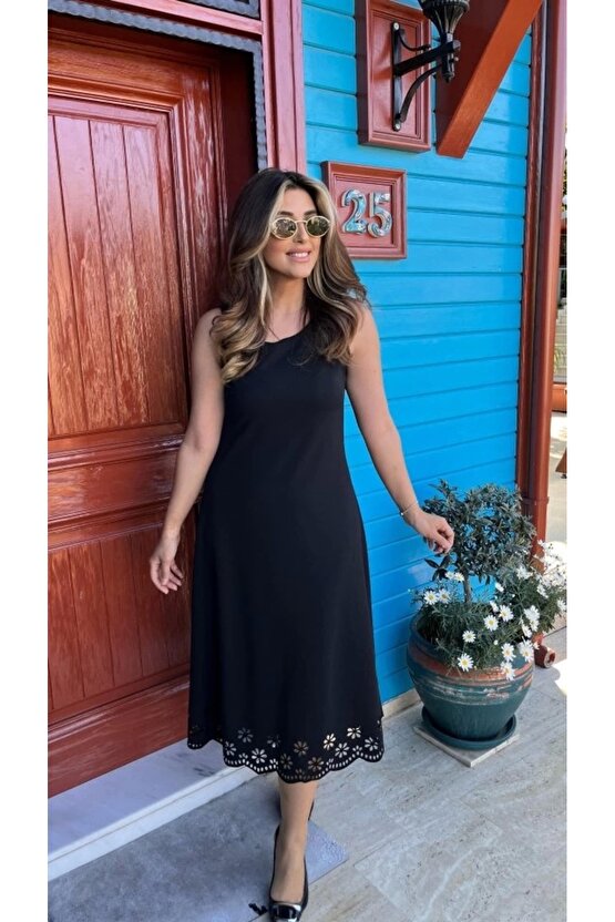 MDB Kadın Kolsuz Etek Ucu Lazer Kesim çiçek Desenli Midi Boy Janjan Krep Elbise