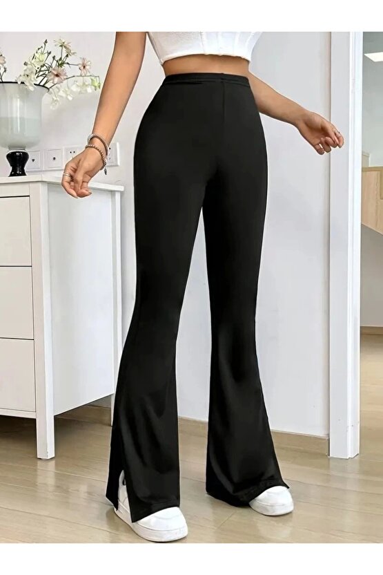 Kadın Yüksek Bel Paçaya Doğru Genişleyen Yandan Yırtmaçlı Dalgıç Pantolon