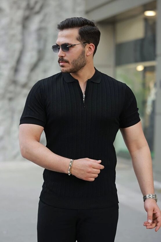 Mottisfashion Erkek Fermuar Yakalı Kısa Kollu Tişört