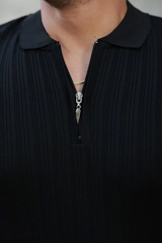 Mottisfashion Erkek Fermuar Yakalı Kısa Kollu Tişört