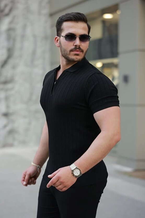 Mottisfashion Erkek Fermuar Yakalı Kısa Kollu Tişört