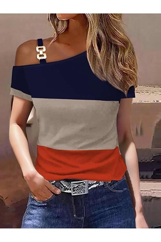 Kadın Kısa Kollu Tek Omuzu Açık Toka Detaylı Çok Renkli Viskon Bluz