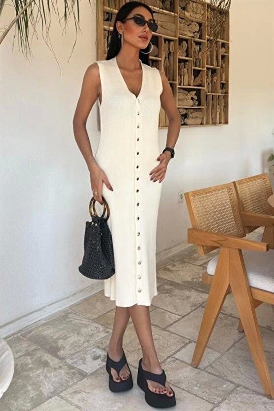 Mottisfashion Önü Düğmeli Fitilli Kolsuz Elbise 2832