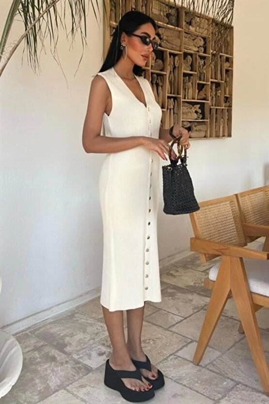 Mottisfashion Önü Düğmeli Fitilli Kolsuz Elbise 2832