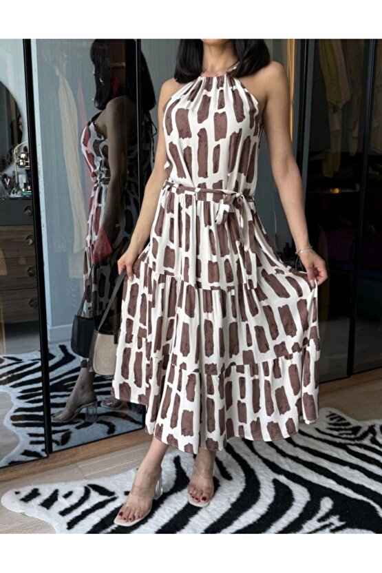 Moda Shop & Butik Kadın Viskon Kumaş Ip Askılı Halter Yaka Cepli Midi Boy Elbise