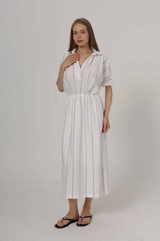 Gelirr Beli Lastikli Elbise - Beyaz