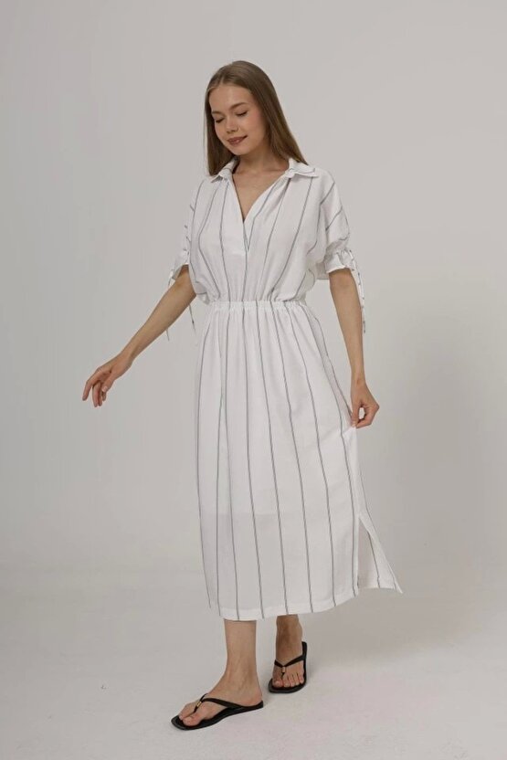 Gelirr Beli Lastikli Elbise - Beyaz