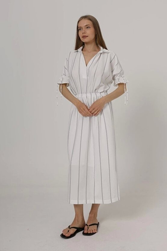 Gelirr Beli Lastikli Elbise - Beyaz