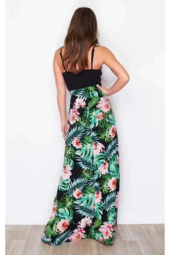 Kadın Askılı V Yaka Eteği Dijital Baskılı çiçek Desenli Yırtmaçlı Mikro Kumaş Elbise