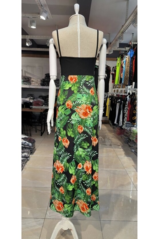 Kadın Askılı V Yaka Eteği Dijital Baskılı çiçek Desenli Yırtmaçlı Mikro Kumaş Elbise