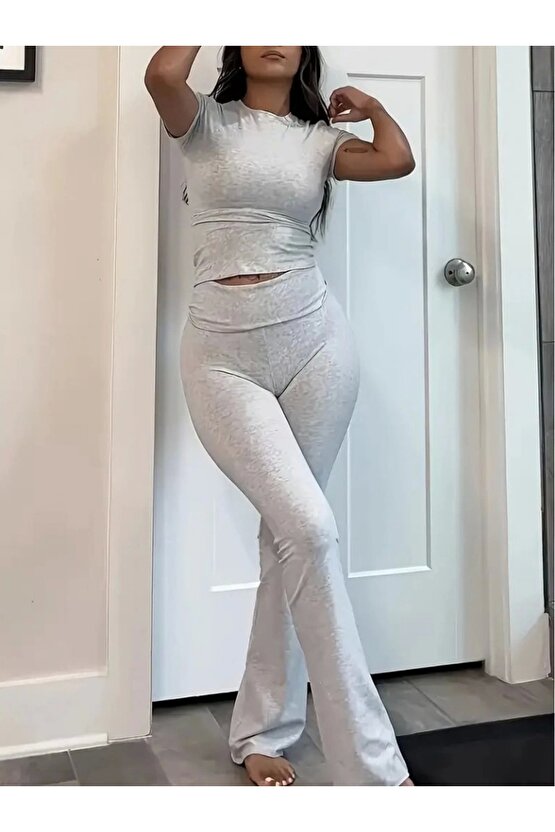 Kadın Kısa Kollu Bisiklet Yaka Alt Ispanyol Paça Viskon Ikili Takım