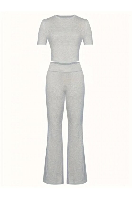 Kadın Kısa Kollu Bisiklet Yaka Alt Ispanyol Paça Viskon Ikili Takım