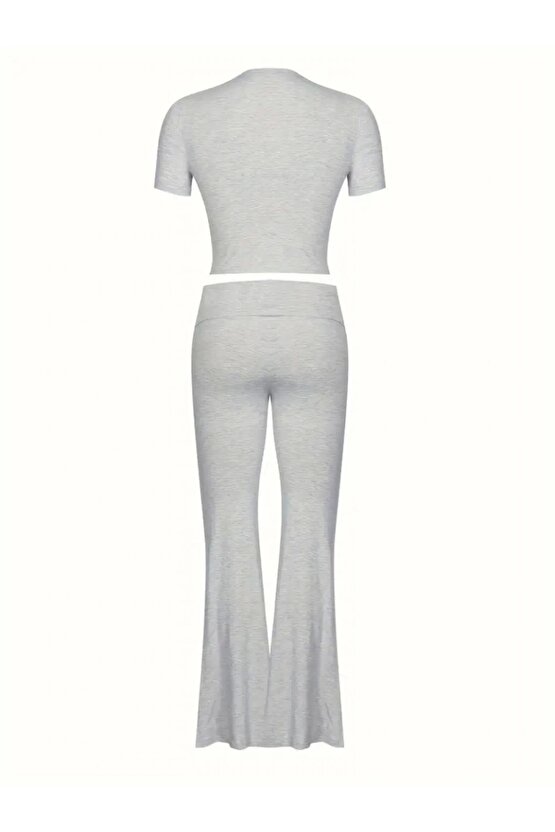 Kadın Kısa Kollu Bisiklet Yaka Alt Ispanyol Paça Viskon Ikili Takım