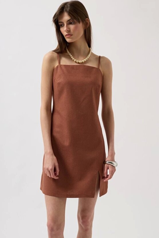 İp Askılı Yırtmaç Detay Keten Mini Elbise