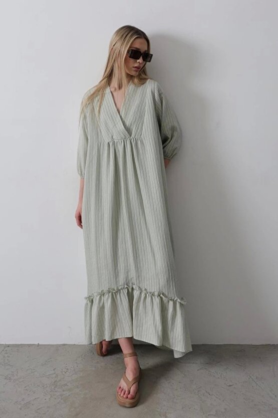 Moda Shop & Butik Çizgili Oversize V Yaka Elbise - Haki