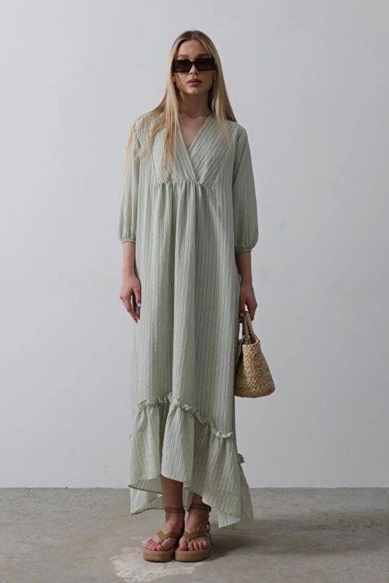 Moda Shop & Butik Çizgili Oversize V Yaka Elbise - Haki