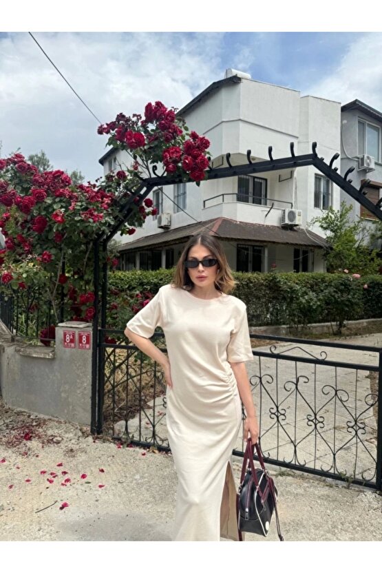 Moda Shop & Butik Kısa Kollu Uzun Yandan Yırtmaçlı Elbise - Beyaz