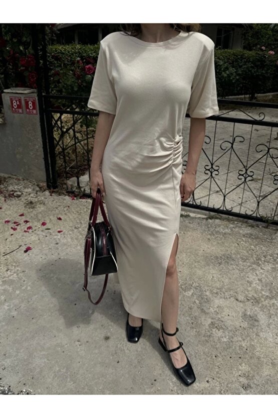 Moda Shop & Butik Kısa Kollu Uzun Yandan Yırtmaçlı Elbise - Beyaz