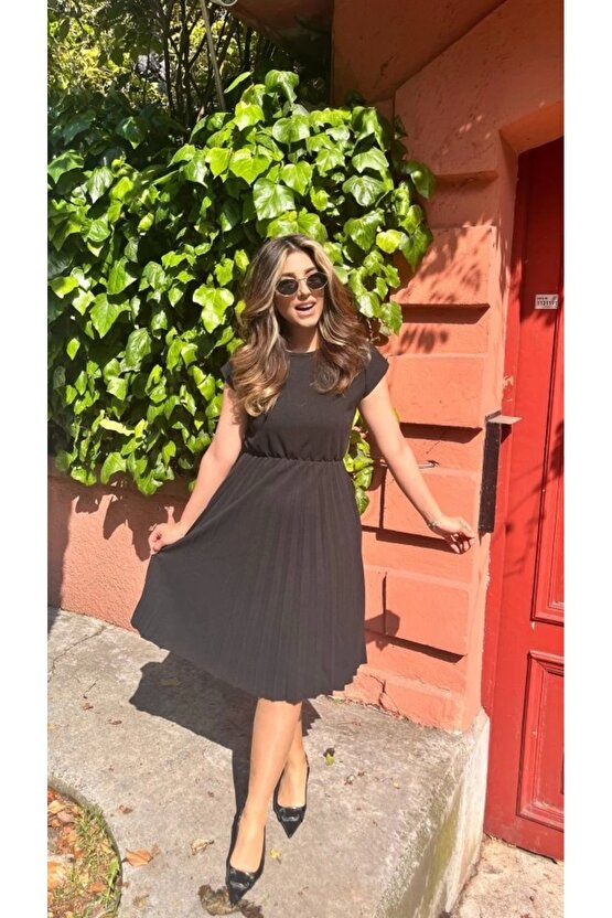 Myterrax Kadın Kısa Kollu Yakası Açık Belden Lastikli Pileli Kısa Ithal Krep Elbise