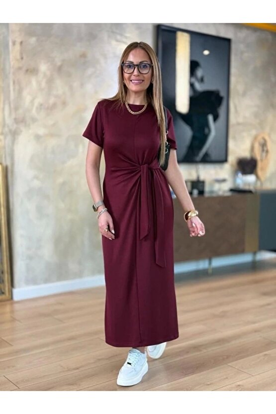 Kadın Kısa Kollu Bisiklet Yaka Yandan Bağlamalı Viskon Iki Iplik Elbise