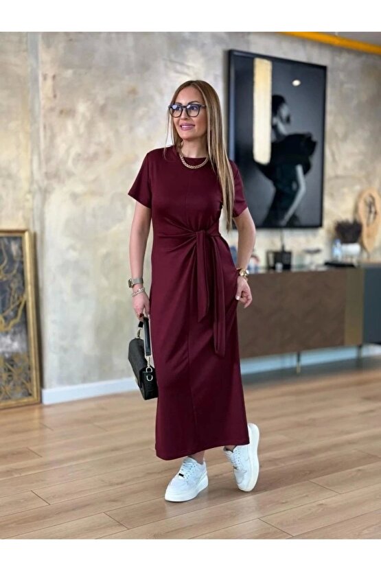 Kadın Kısa Kollu Bisiklet Yaka Yandan Bağlamalı Viskon Iki Iplik Elbise