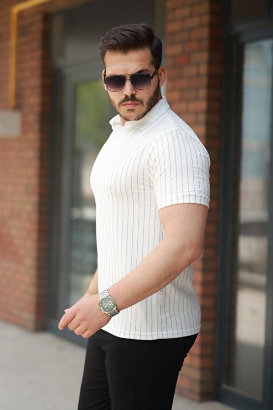 Shop & Butik Erkek Yakalı Çizgi Desenli Kısa Kollu Tişört