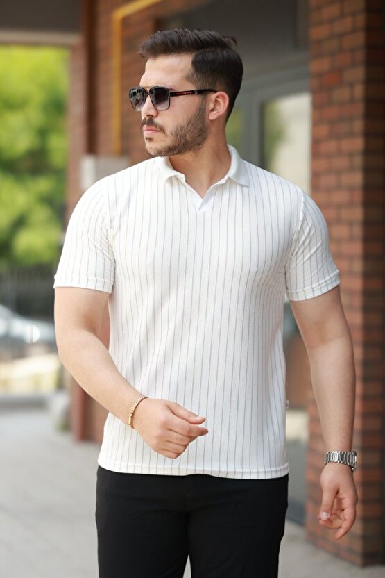 Shop & Butik Erkek Yakalı Çizgi Desenli Kısa Kollu Tişört