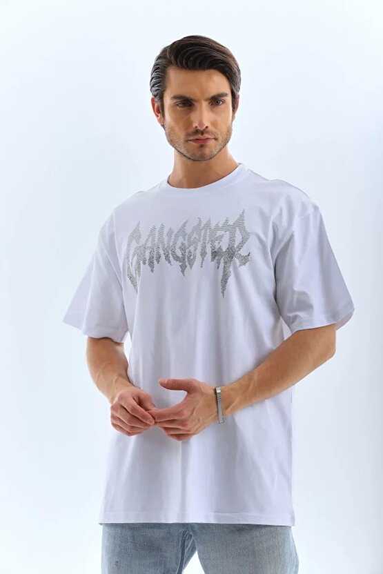 Moda Shop & Butik Unisex Oversize Taşlı Bisiklet Yaka T-shirt - Beyaz