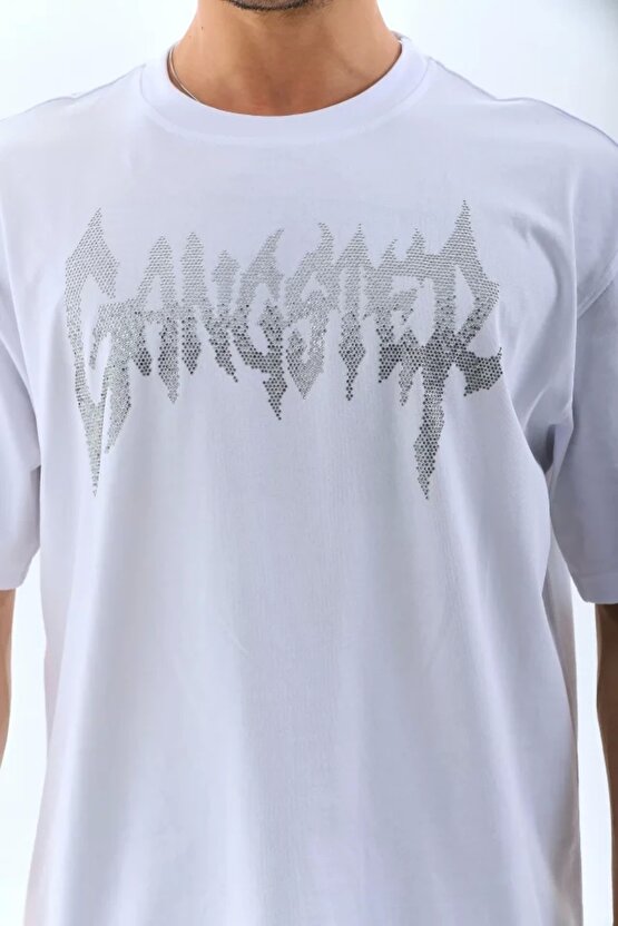 Moda Shop & Butik Unisex Oversize Taşlı Bisiklet Yaka T-shirt - Beyaz