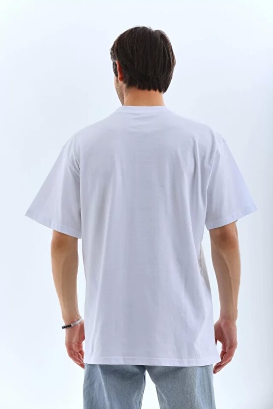 Moda Shop & Butik Unisex Oversize Taşlı Bisiklet Yaka T-shirt - Beyaz